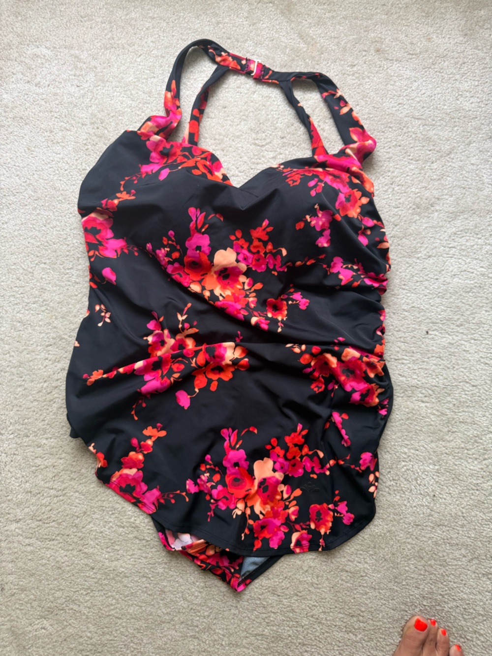Black Floral One-Piece Swimsuit with Pink & Orange Blooms